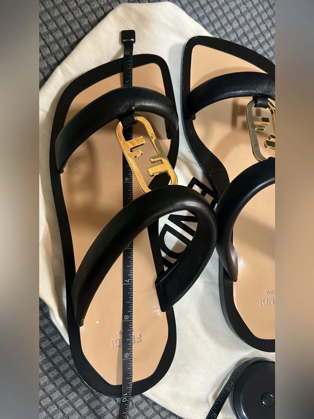 Fendi Black Leather Sandals with Gold Logo Accent
